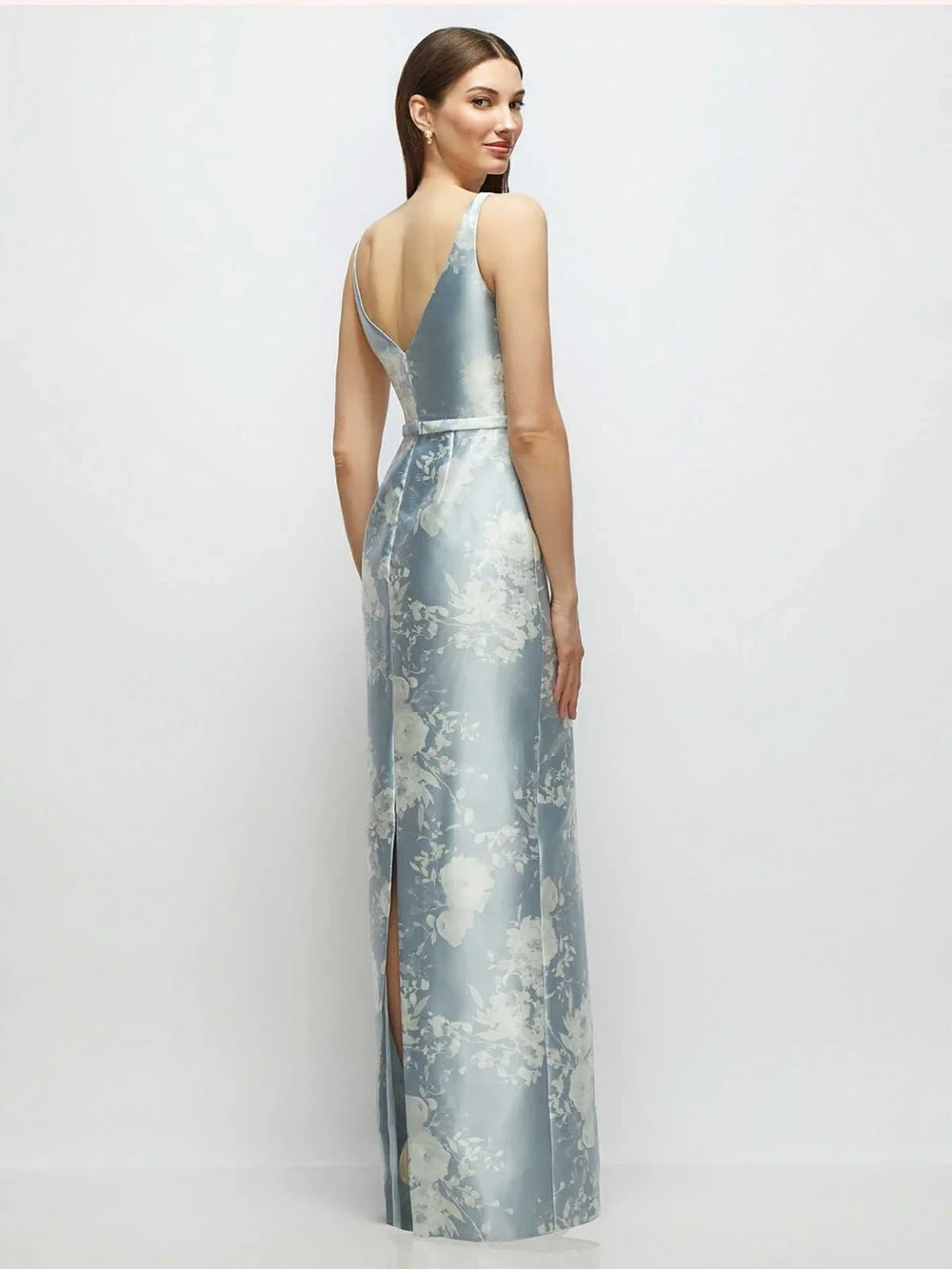 Dessy Betty Elegant Dress in Porcelain Blue Serafina Floral Satin Twill - Picture 2 of 4